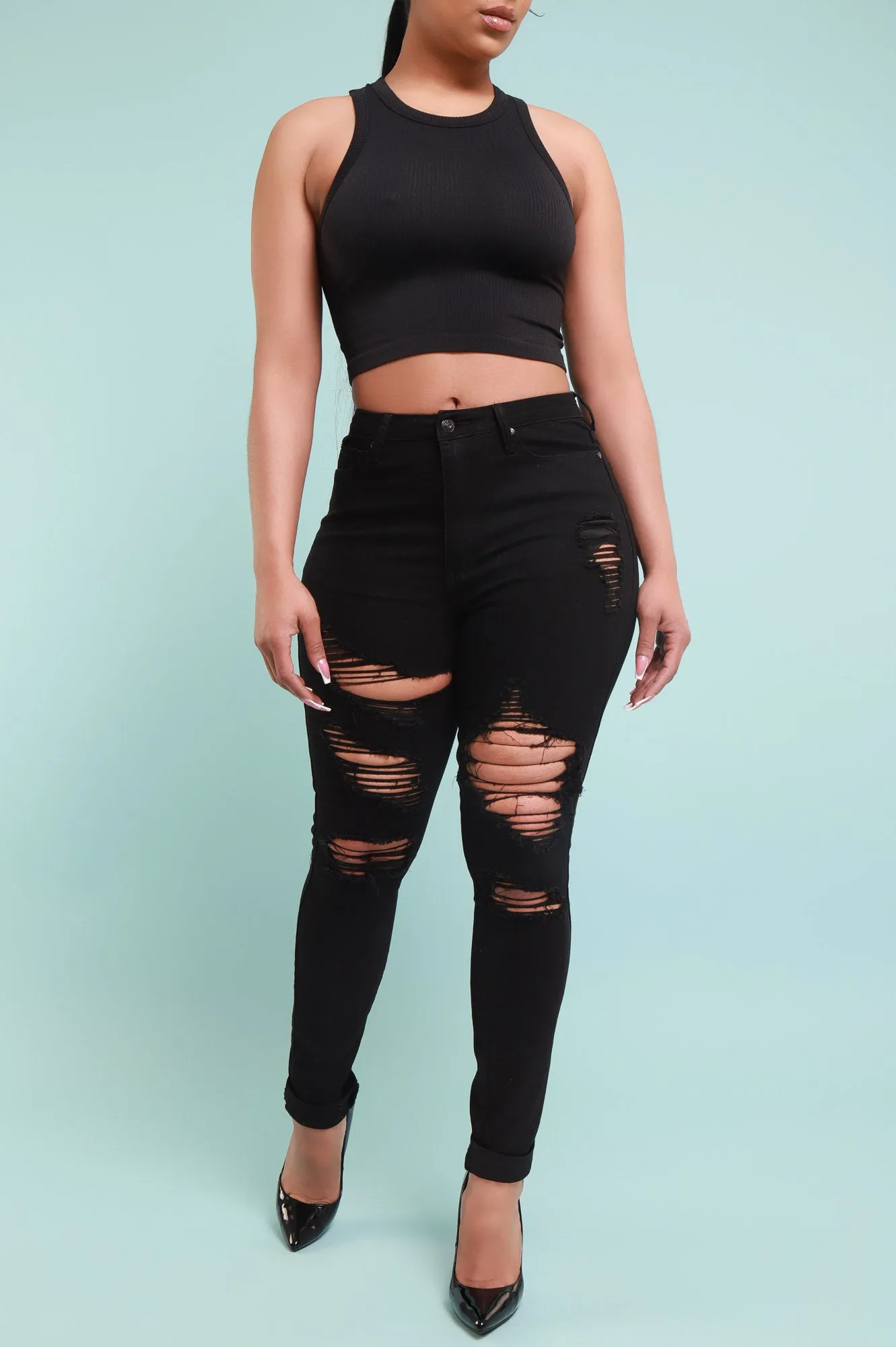 Don't Blame Me High Rise Distressed Stretchy Jeans - Black