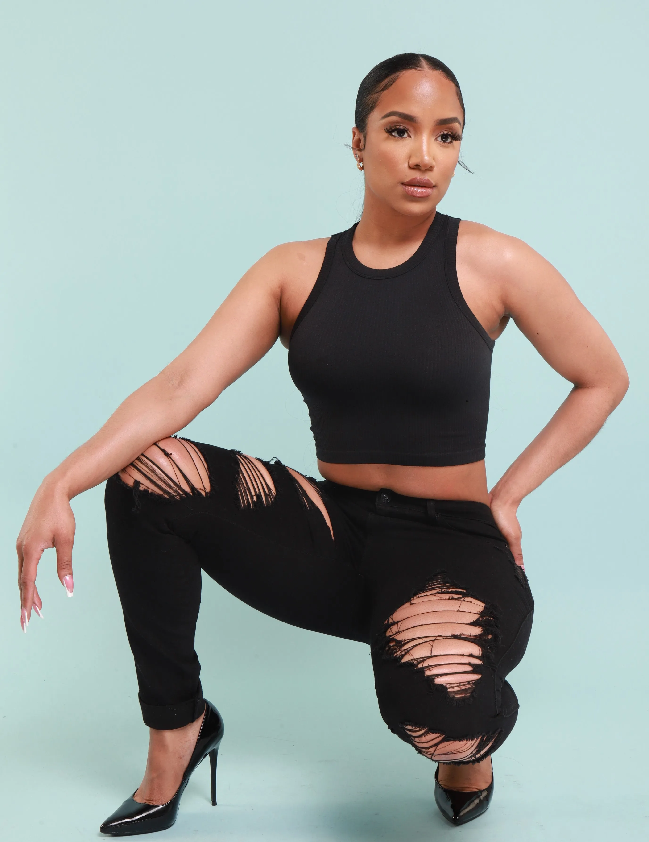 Don't Blame Me High Rise Distressed Stretchy Jeans - Black