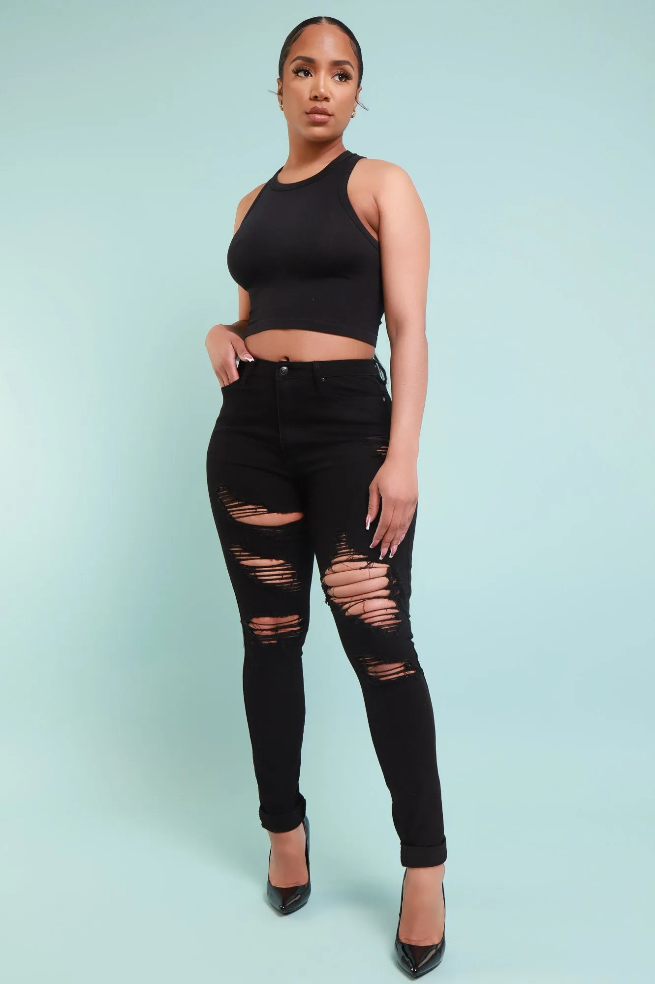 Don't Blame Me High Rise Distressed Stretchy Jeans - Black