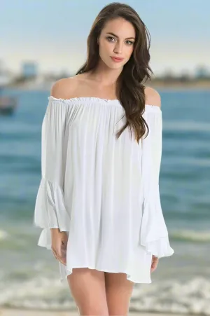 Elan Off Shoulder Bell Ruffle Sleeve Tunic Top-White