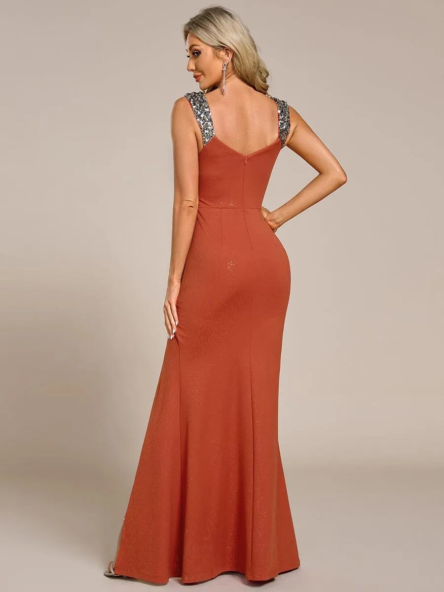 Elegant Sequin V Neck High Slit Evening Dress