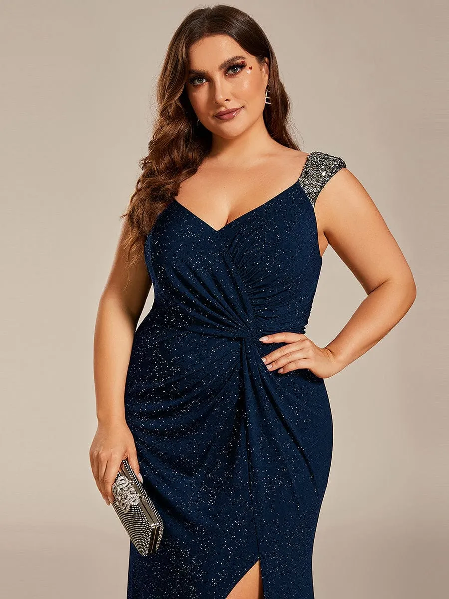 Elegant Sequin V Neck High Slit Evening Dress