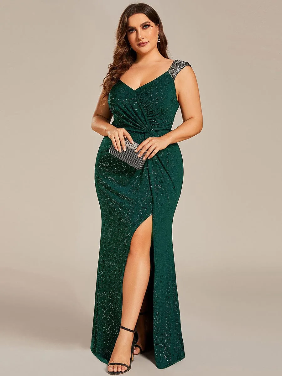Elegant Sequin V Neck High Slit Evening Dress