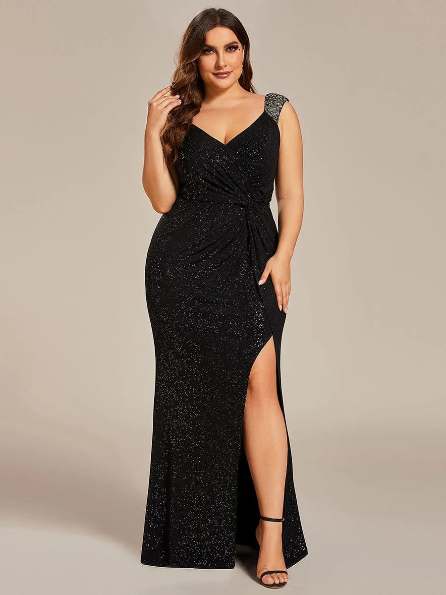 Elegant Sequin V Neck High Slit Evening Dress