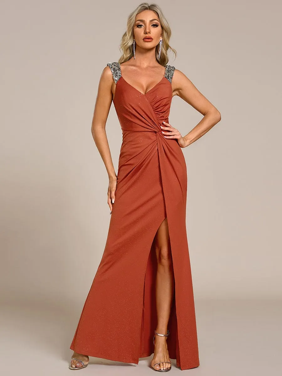 Elegant Sequin V Neck High Slit Evening Dress