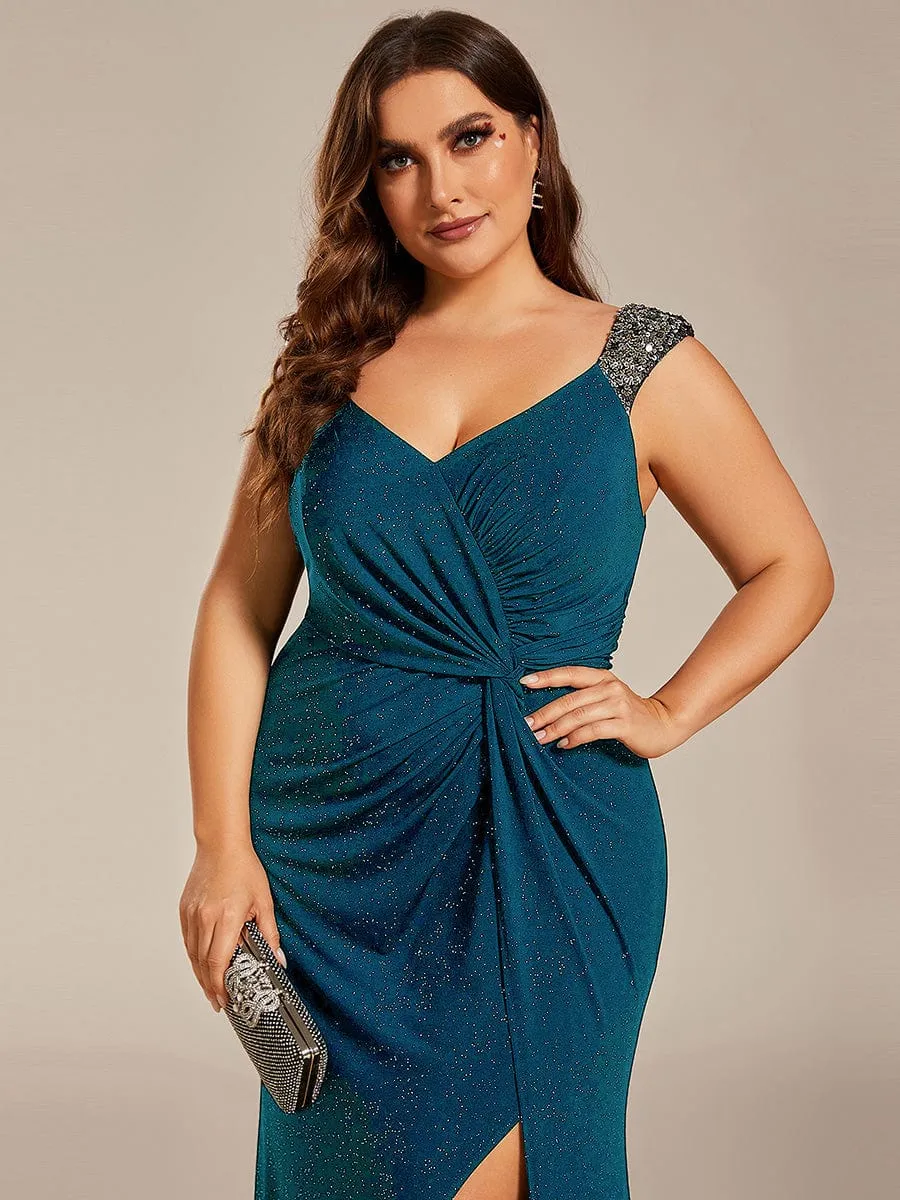 Elegant Sequin V Neck High Slit Evening Dress