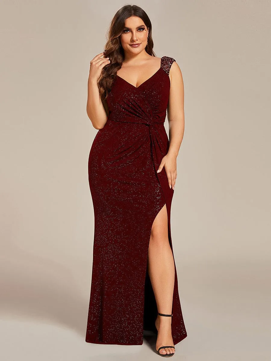 Elegant Sequin V Neck High Slit Evening Dress