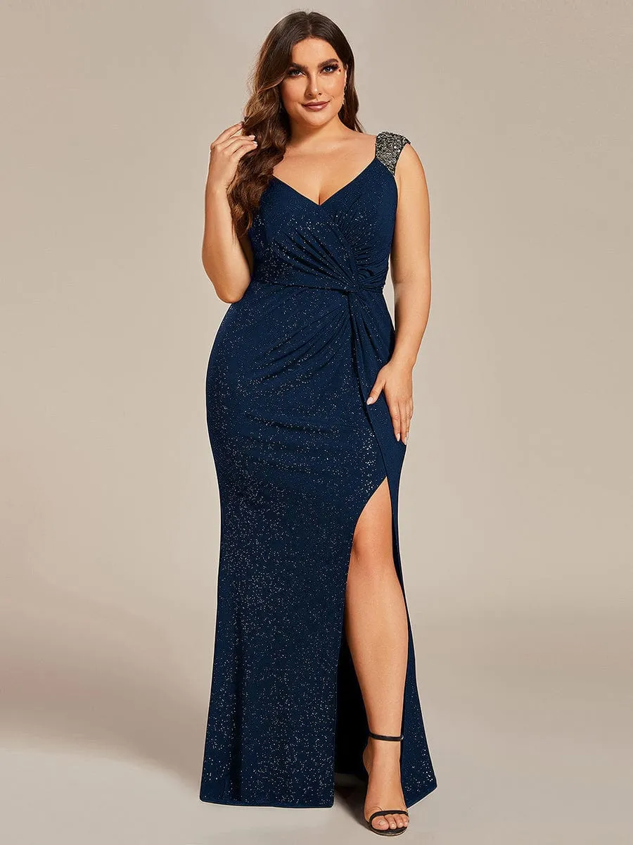 Elegant Sequin V Neck High Slit Evening Dress