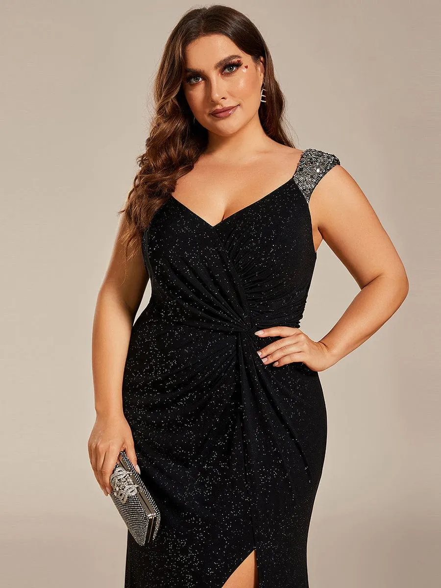 Elegant Sequin V Neck High Slit Evening Dress