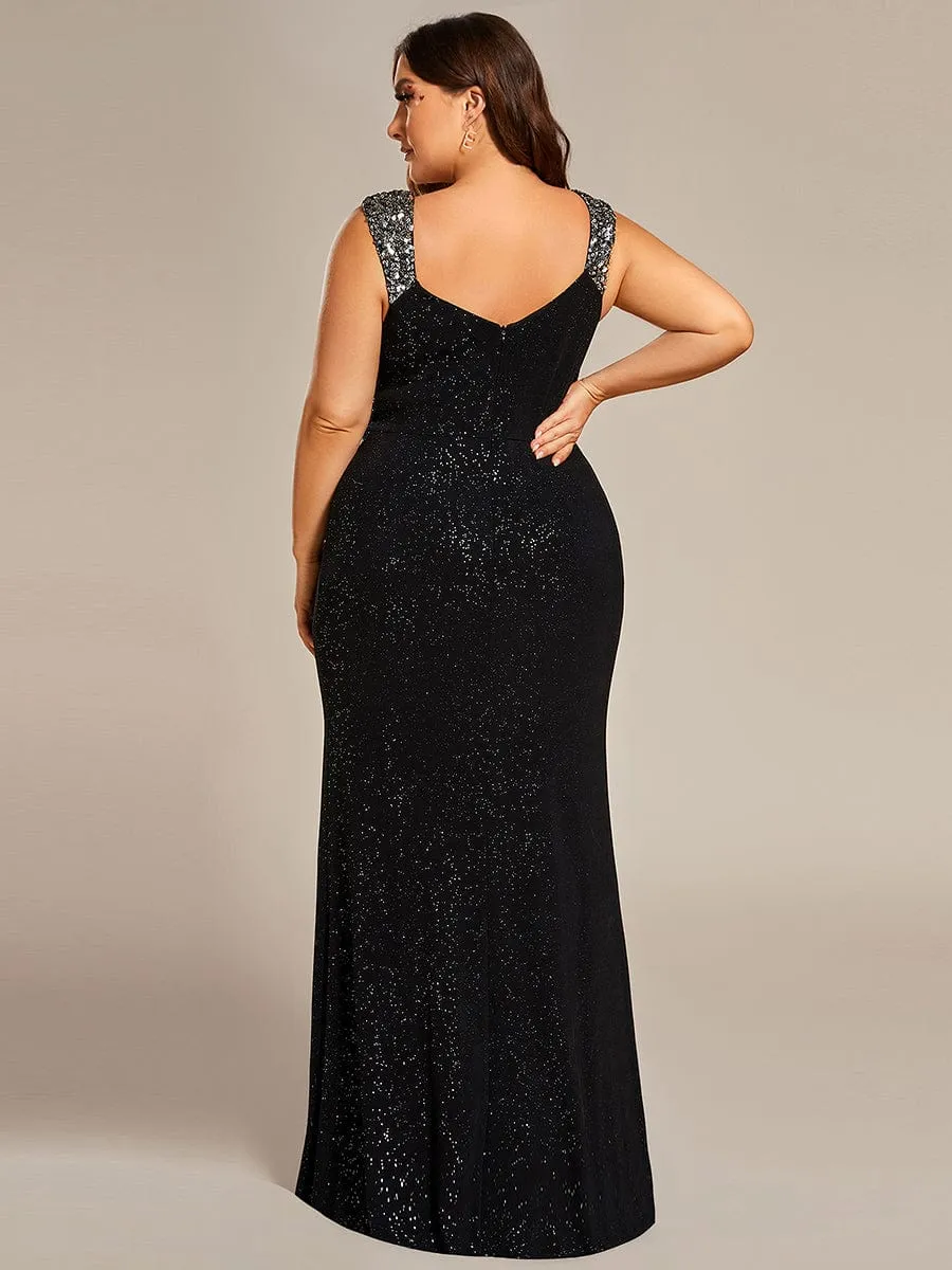Elegant Sequin V Neck High Slit Evening Dress