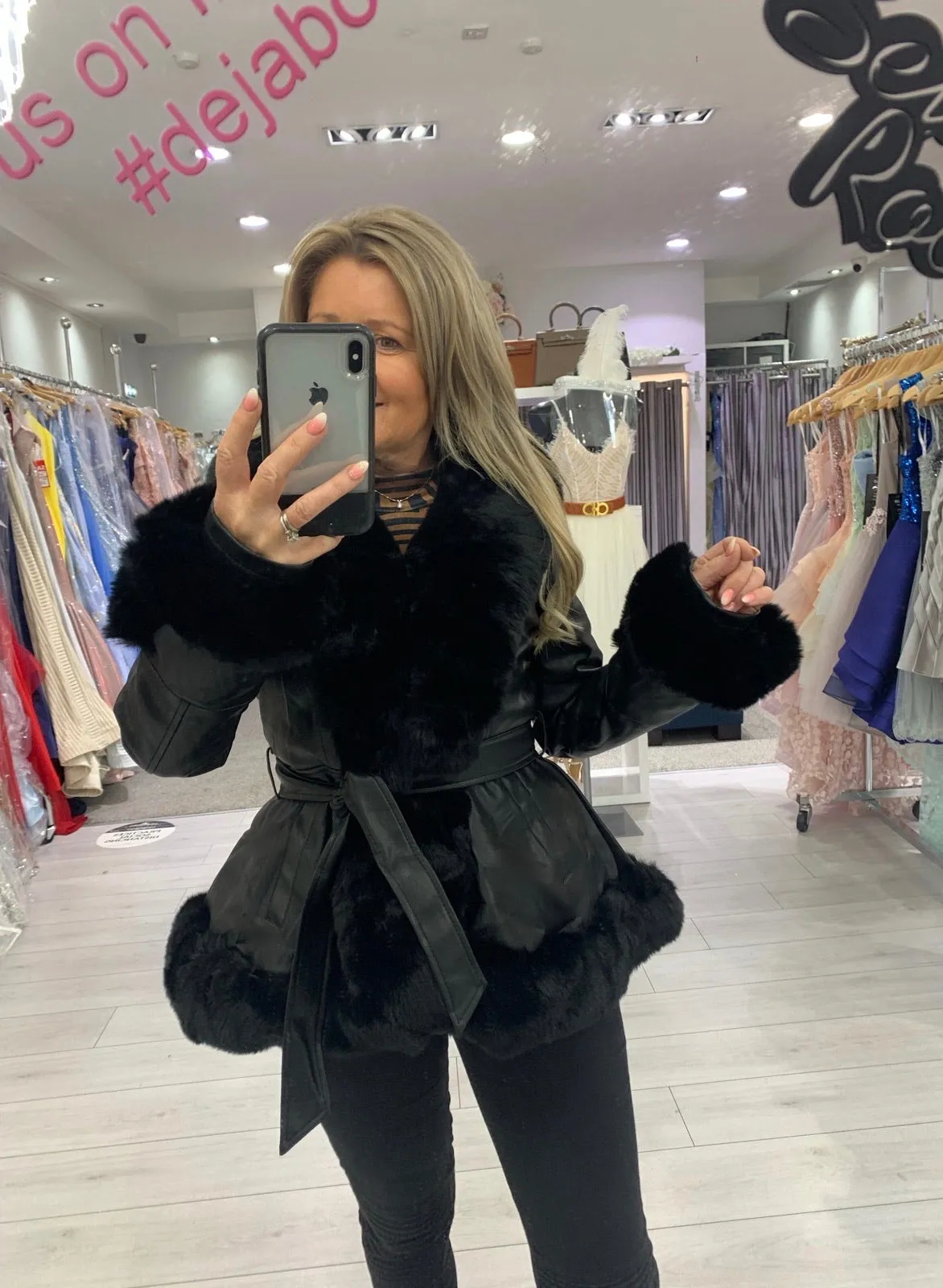 Fi fur trim, fur lined belted jacket