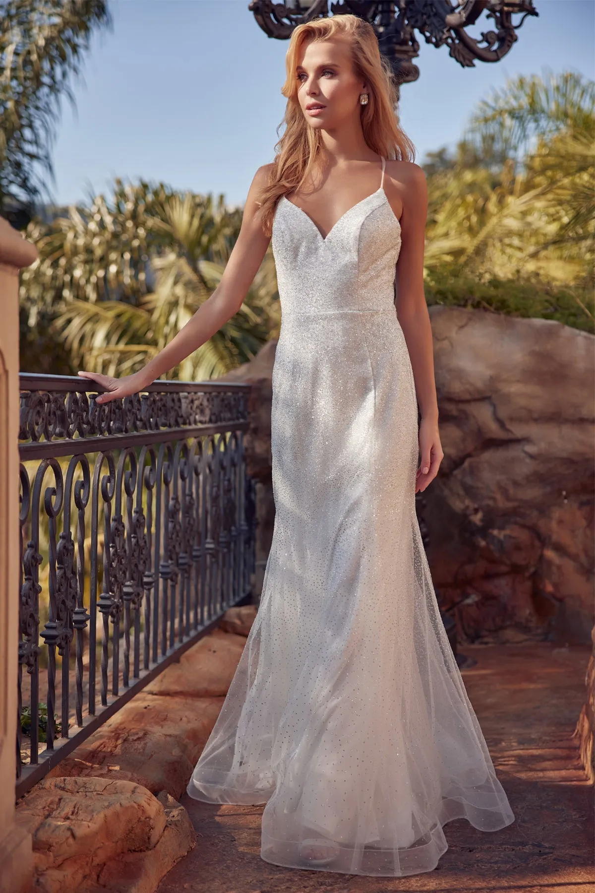 Fitted Glitter Mesh V-Neck Gown by Juliet 271