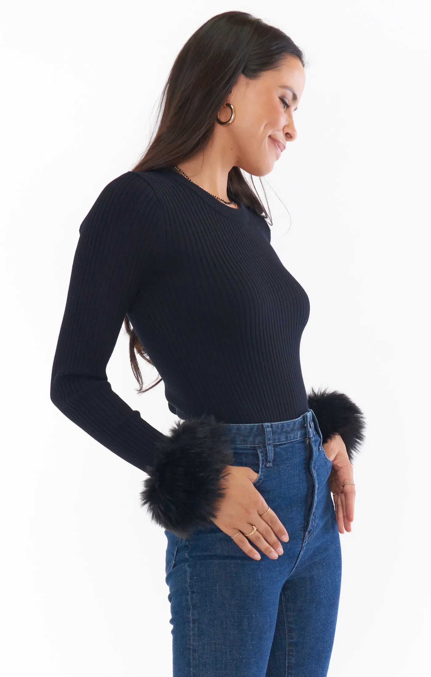 Fran Top ~ Black Knit with Faux Fur