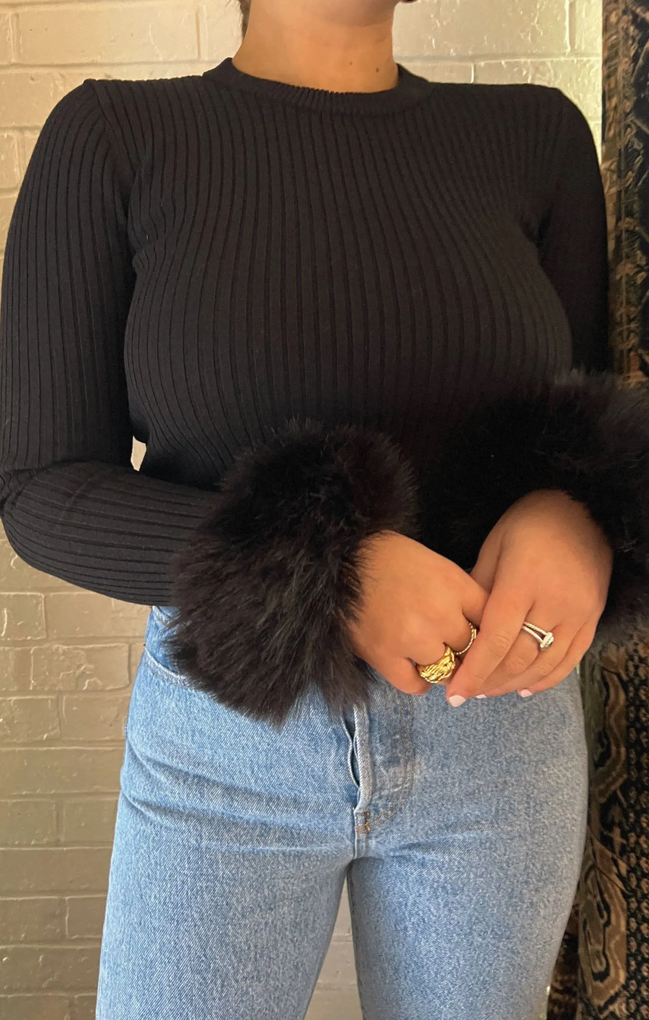 Fran Top ~ Black Knit with Faux Fur
