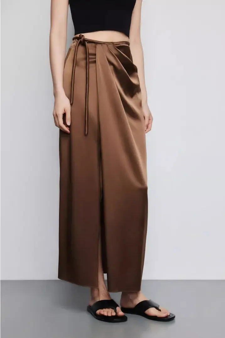 French Style High Waist Wrap Slit Skirt With Acetate Satin