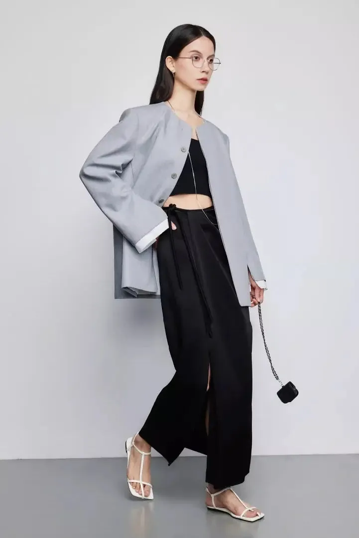 French Style High Waist Wrap Slit Skirt With Acetate Satin