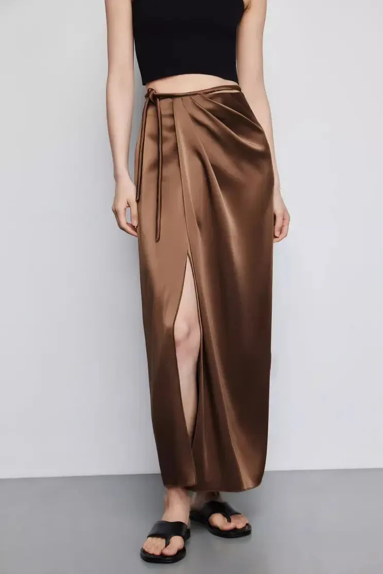 French Style High Waist Wrap Slit Skirt With Acetate Satin