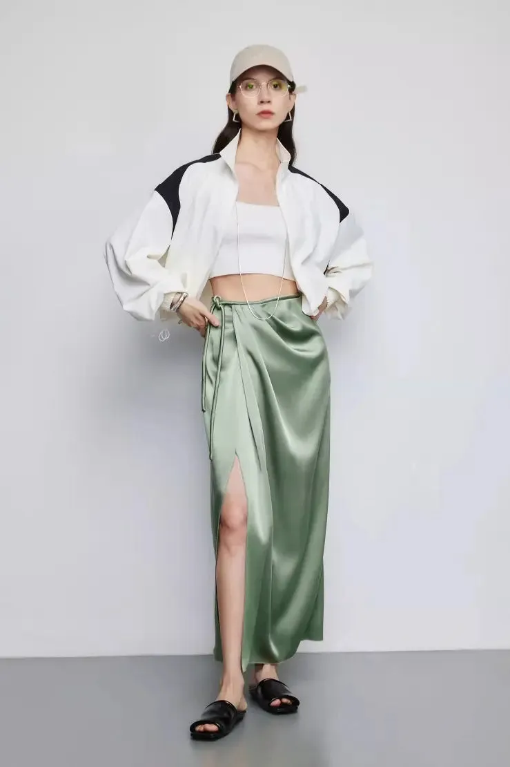 French Style High Waist Wrap Slit Skirt With Acetate Satin