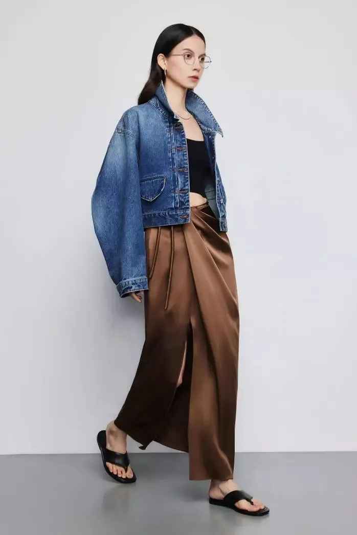 French Style High Waist Wrap Slit Skirt With Acetate Satin