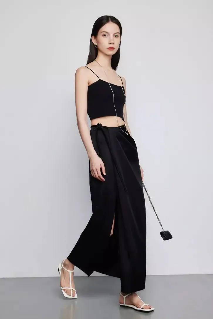 French Style High Waist Wrap Slit Skirt With Acetate Satin