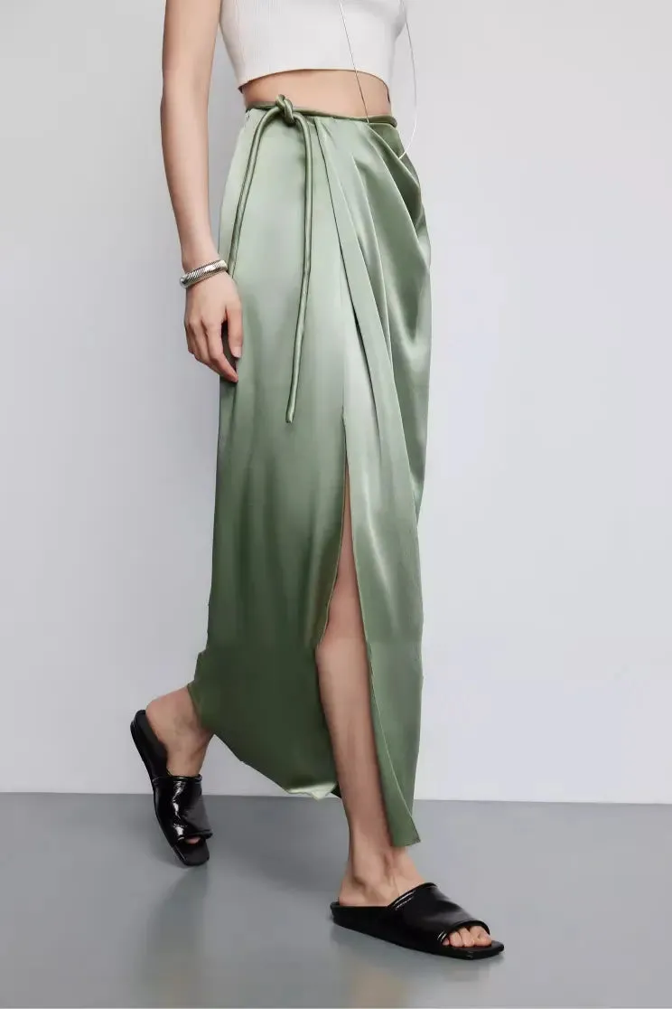 French Style High Waist Wrap Slit Skirt With Acetate Satin