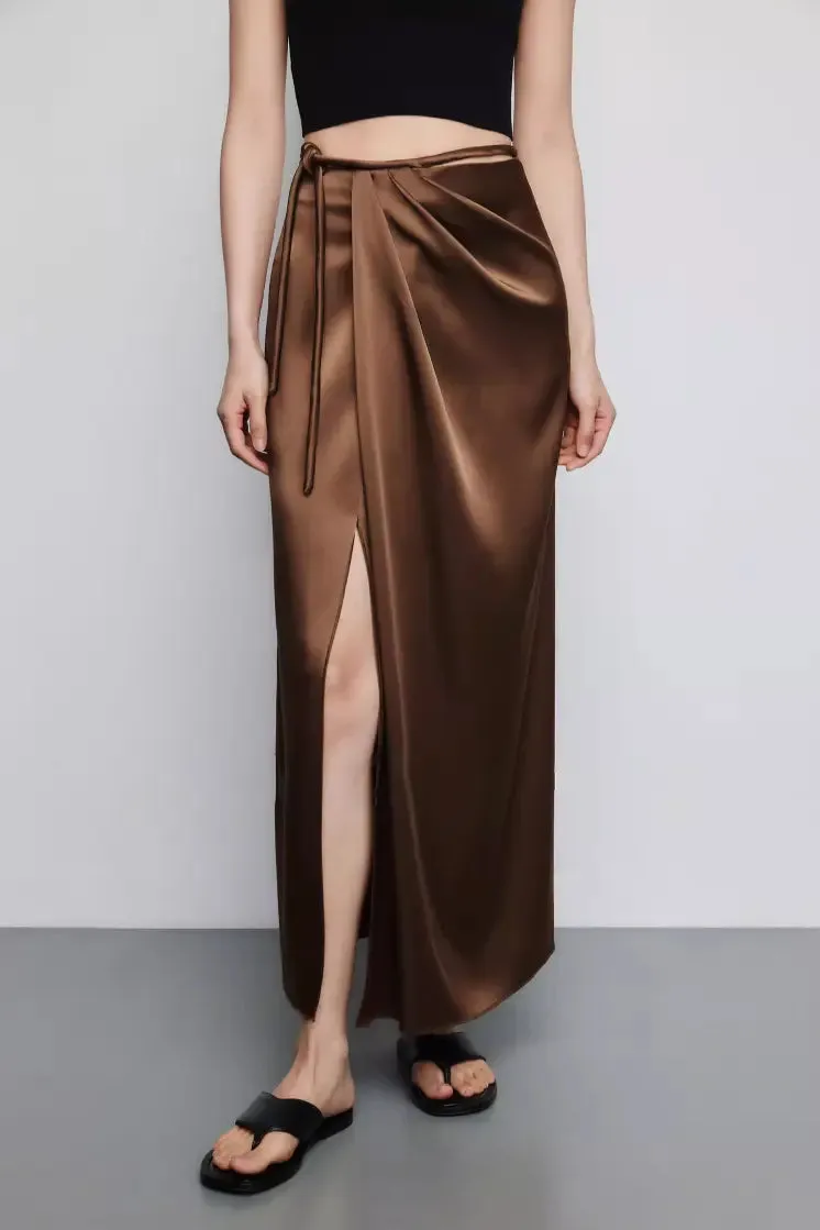 French Style High Waist Wrap Slit Skirt With Acetate Satin