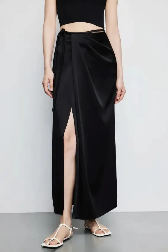 French Style High Waist Wrap Slit Skirt With Acetate Satin
