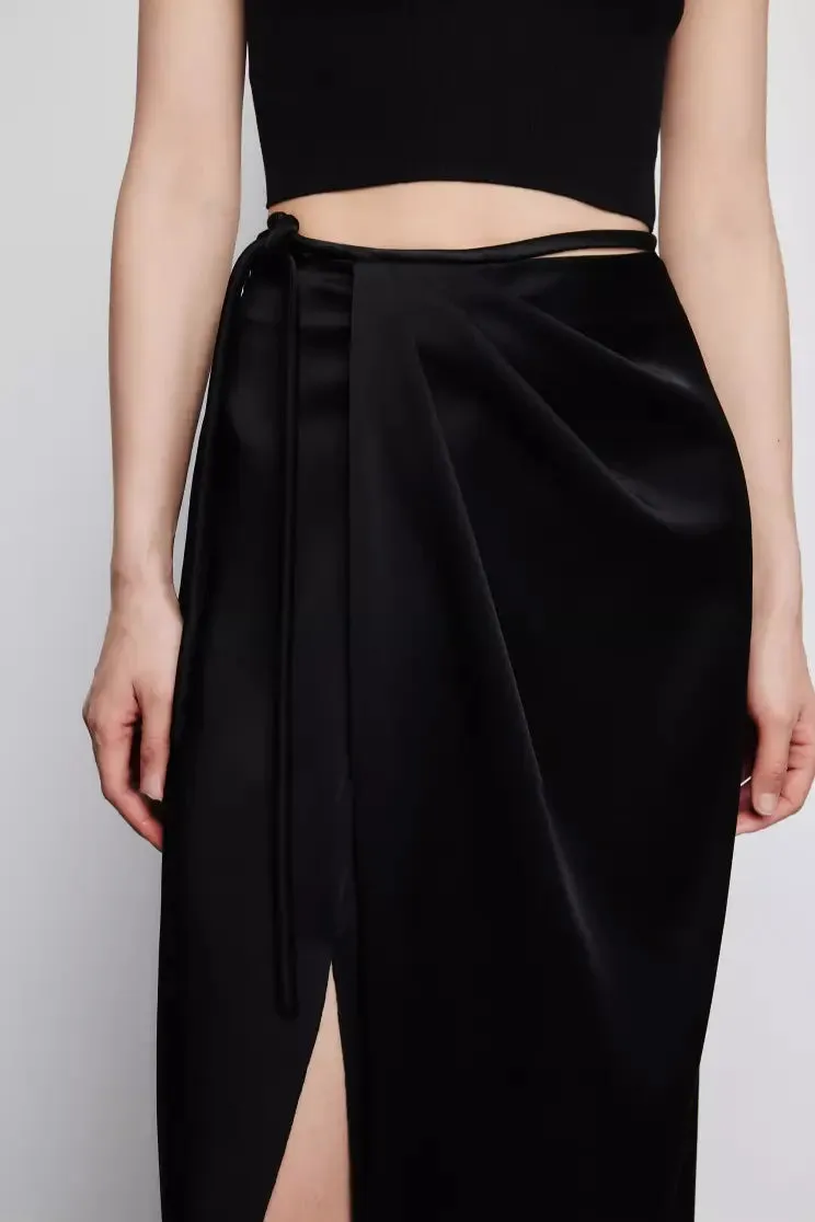 French Style High Waist Wrap Slit Skirt With Acetate Satin