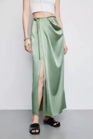 French Style High Waist Wrap Slit Skirt With Acetate Satin