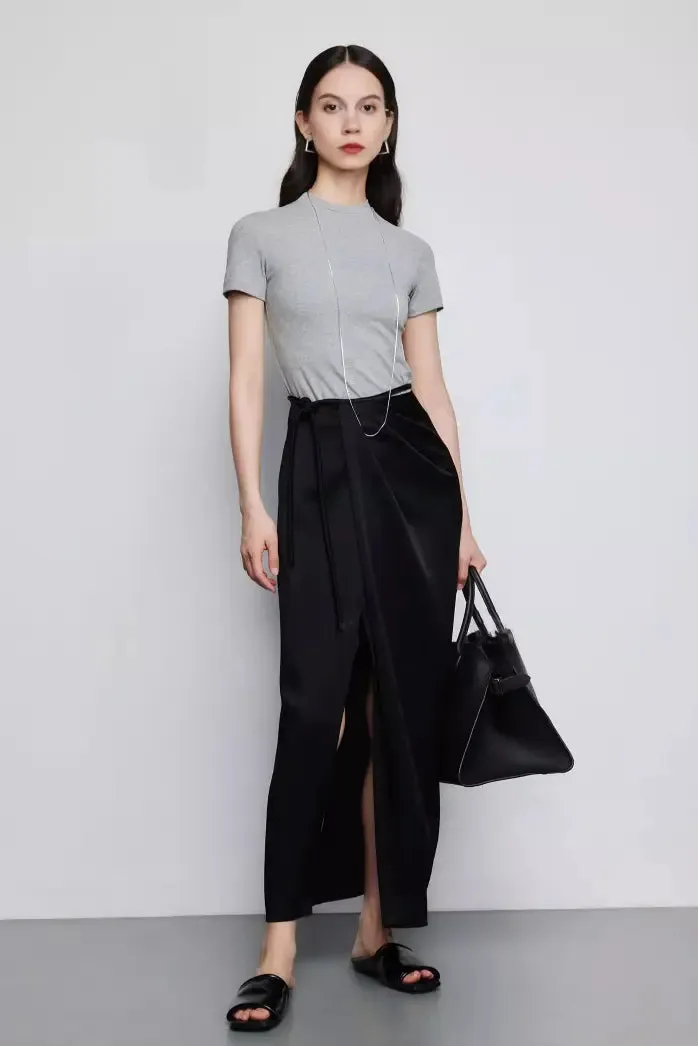 French Style High Waist Wrap Slit Skirt With Acetate Satin
