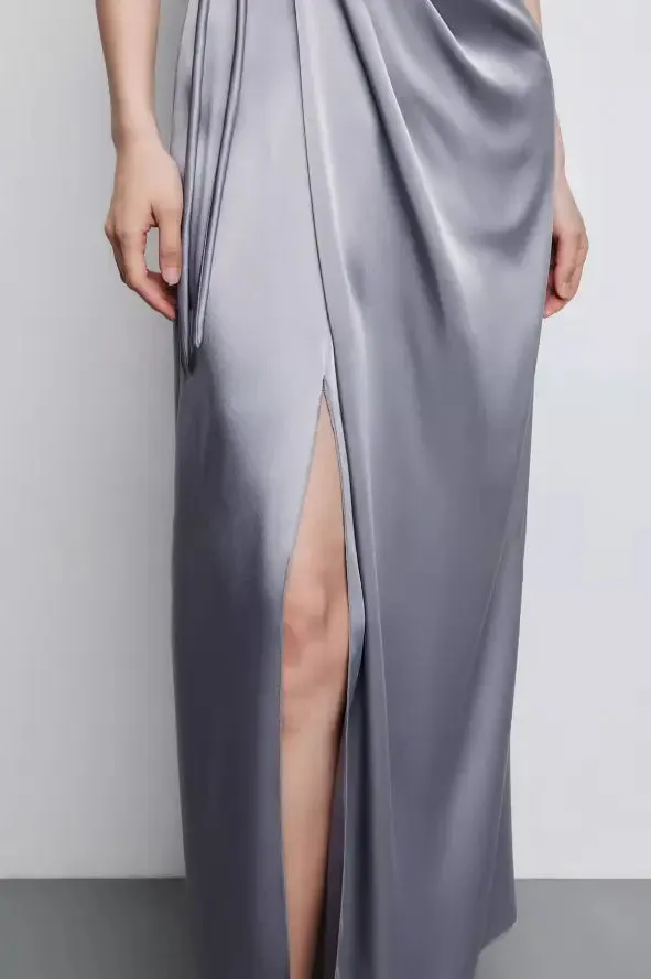 French Style High Waist Wrap Slit Skirt With Acetate Satin