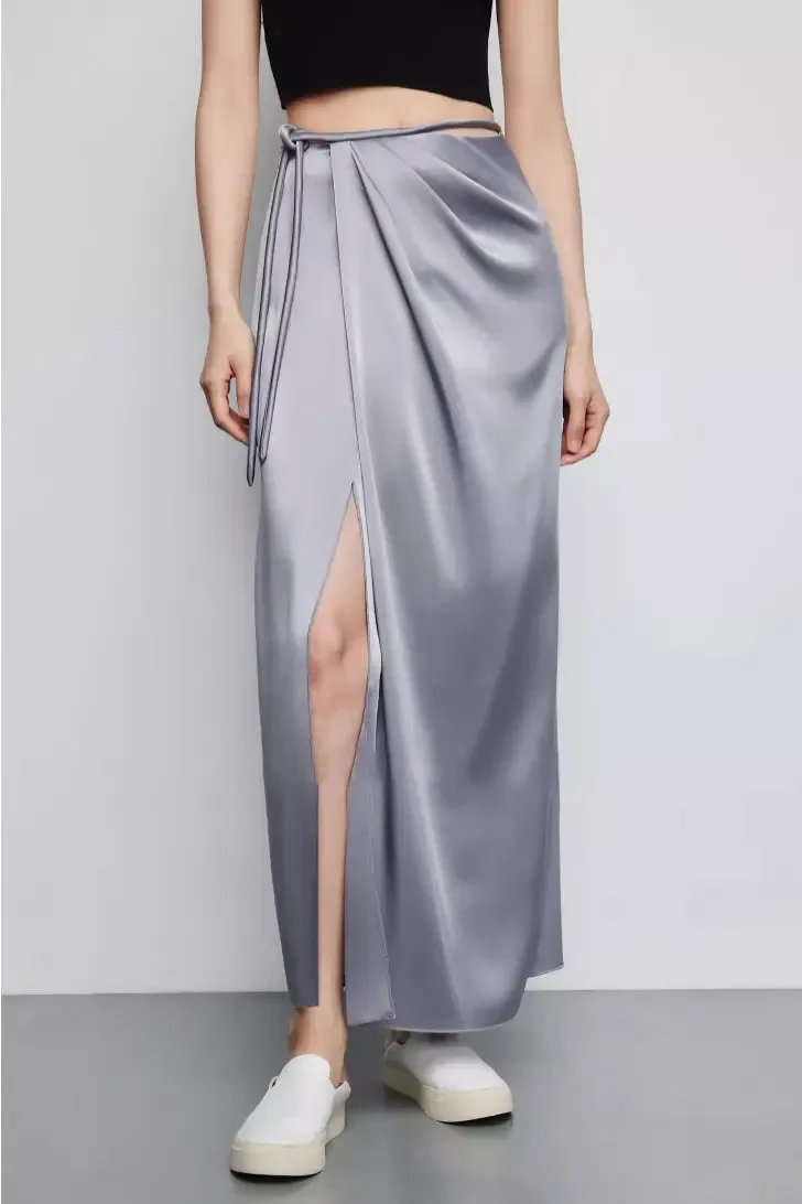 French Style High Waist Wrap Slit Skirt With Acetate Satin