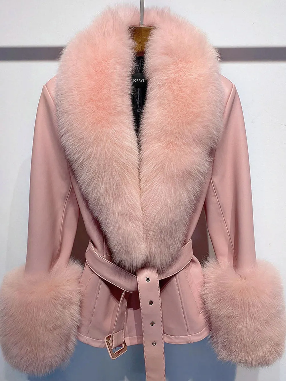 Fur Foxy Leather Short Coat in Pink