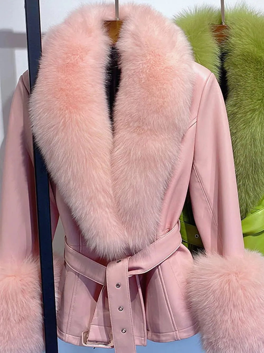 Fur Foxy Leather Short Coat in Pink