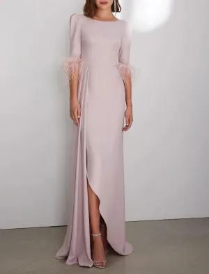 Gown Elegant Wedding Guest Formal Floor Length 3/4 Length Sleeve Jewel Neck Stretch Crepe with Feather Evening Dress
