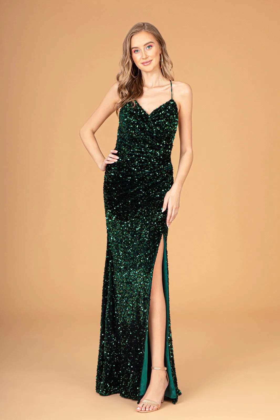 Halter Neck Velvet Sequin w/ Ruched Bodice Long Prom Dress GLGL3080