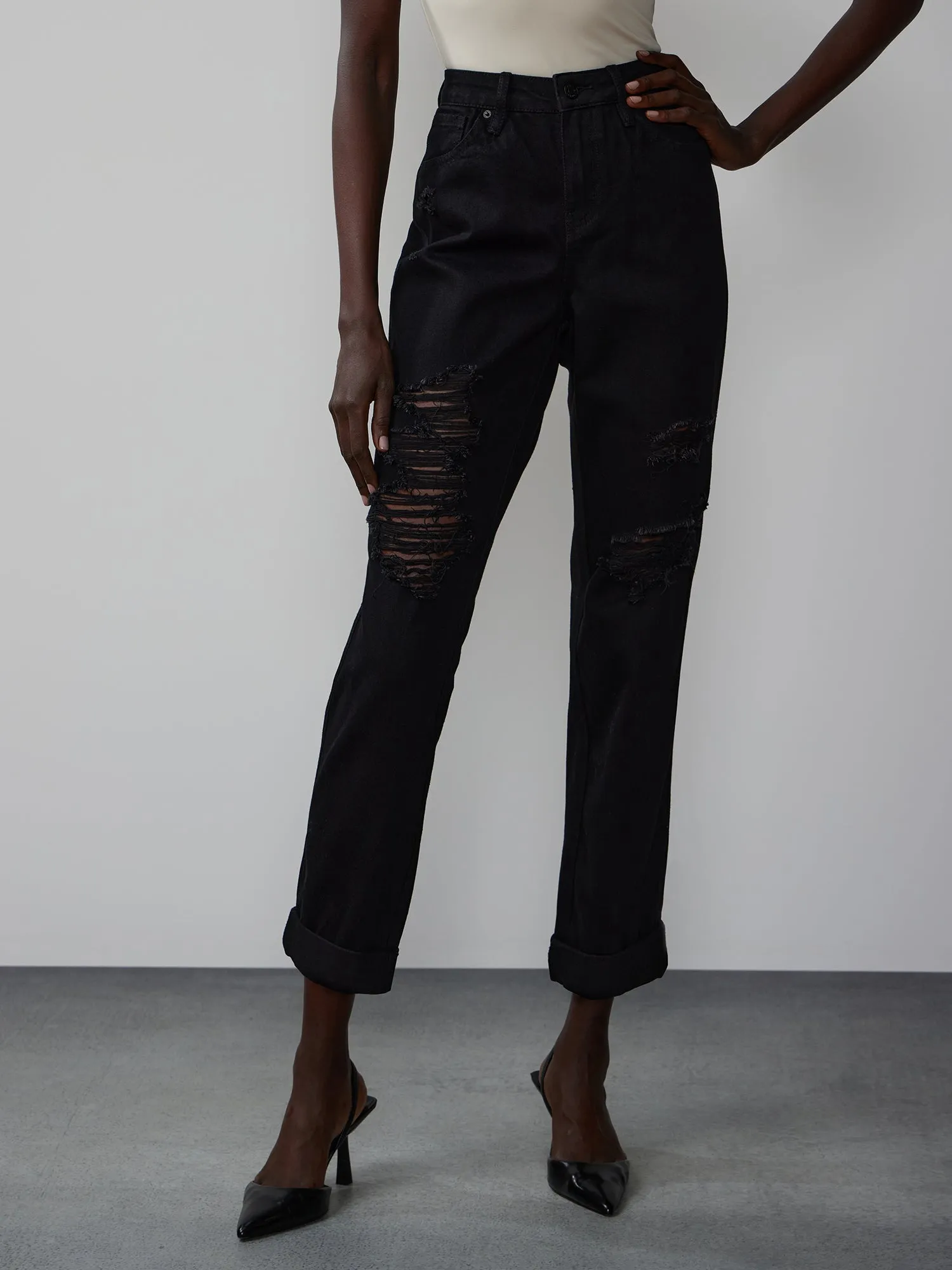 High Rise Destructed Boyfriend Jeans