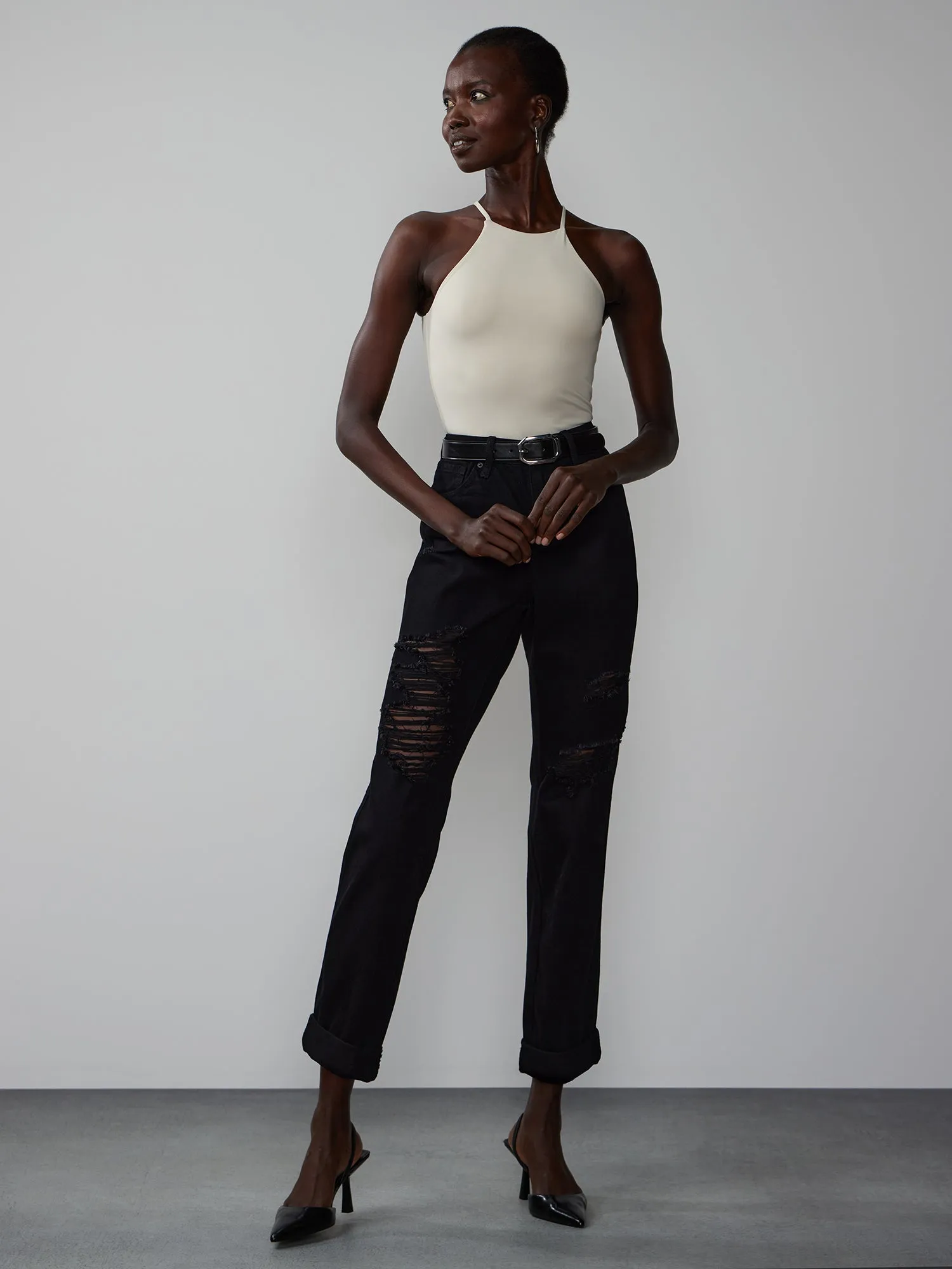 High Rise Destructed Boyfriend Jeans