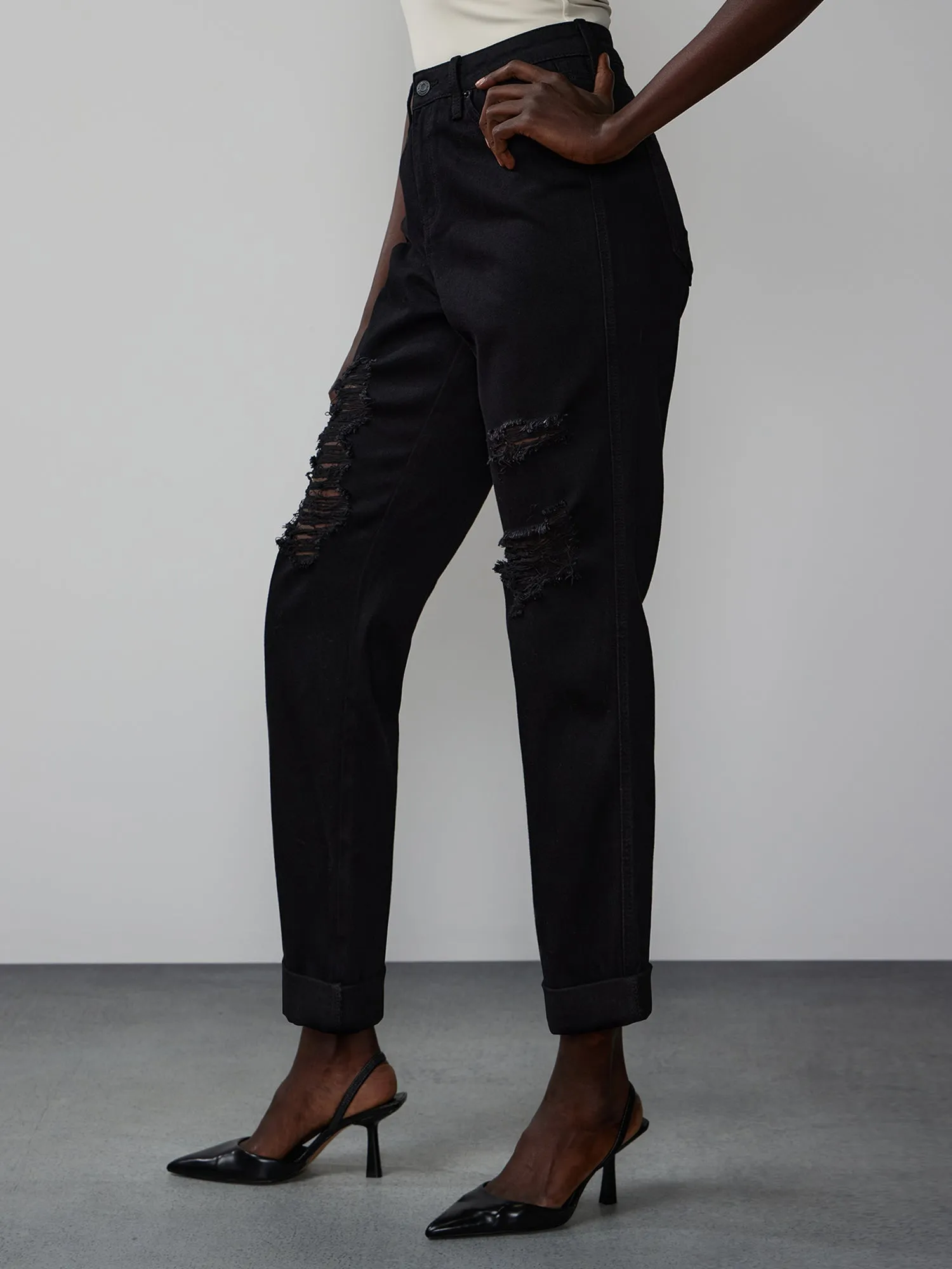 High Rise Destructed Boyfriend Jeans