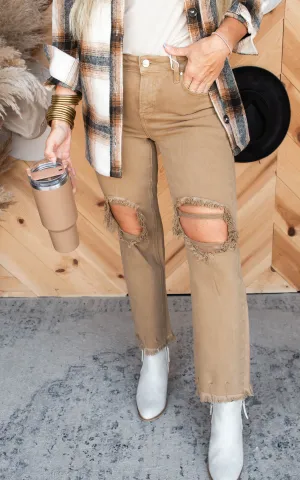 High Rise Distressed Straight Mocha Denim Jeans | Risen - Final Sale