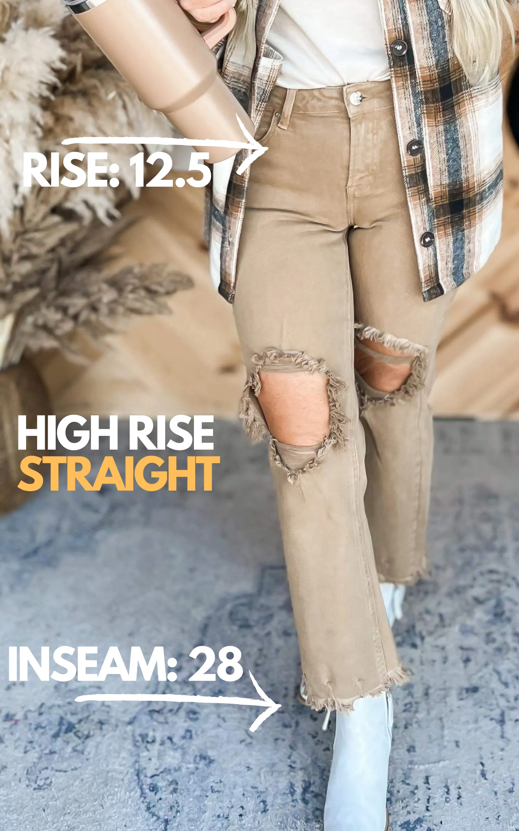 High Rise Distressed Straight Mocha Denim Jeans | Risen - Final Sale