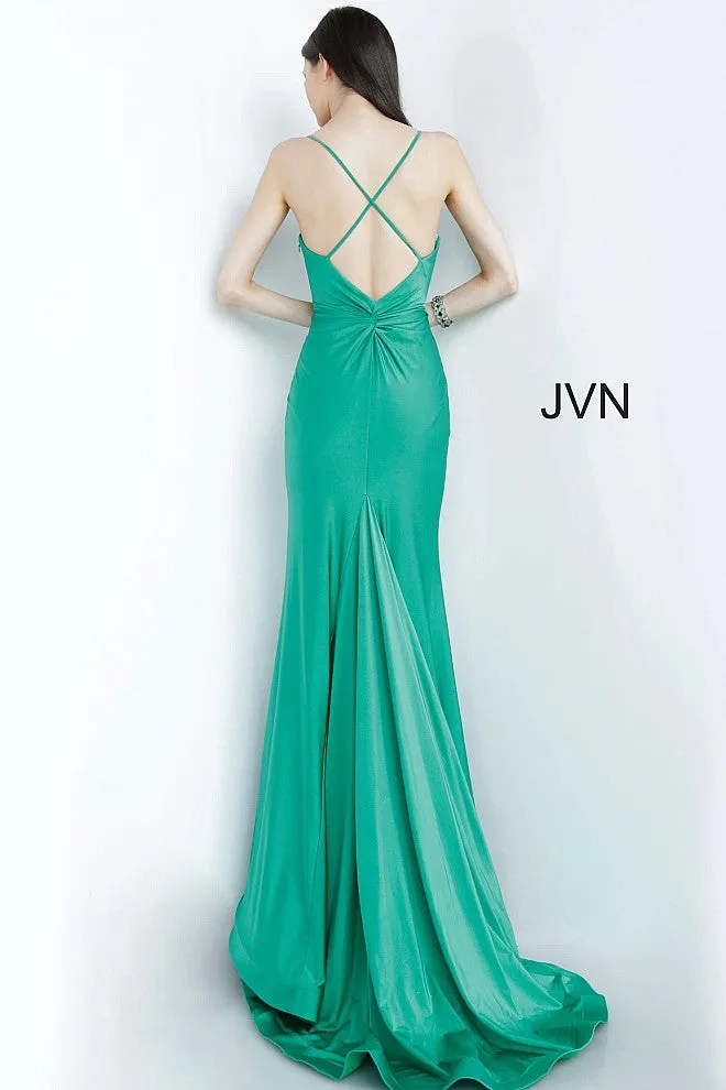 Jovani JVN00904 Long Fitted Size 2 Hunter Stretch V Neck Prom Dress Stretch Train