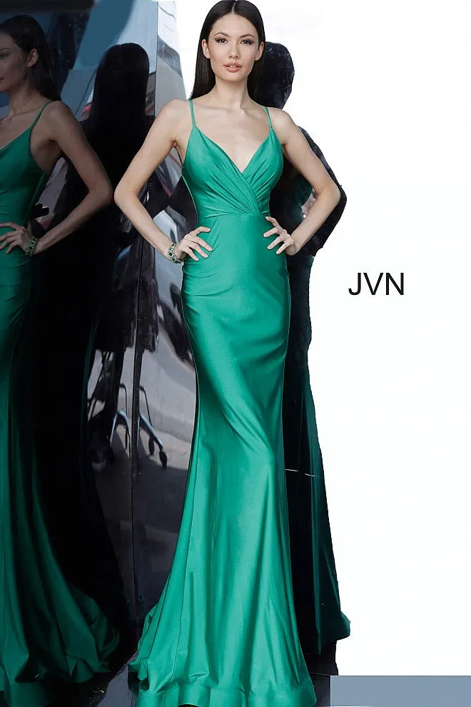 Jovani JVN00904 Long Fitted Size 2 Hunter Stretch V Neck Prom Dress Stretch Train