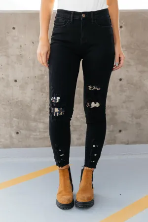 Judy Blue Mid Rise Animal Print Distressed Skinny Jeans