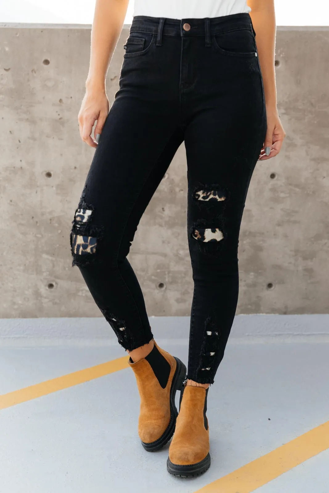 Judy Blue Mid Rise Animal Print Distressed Skinny Jeans