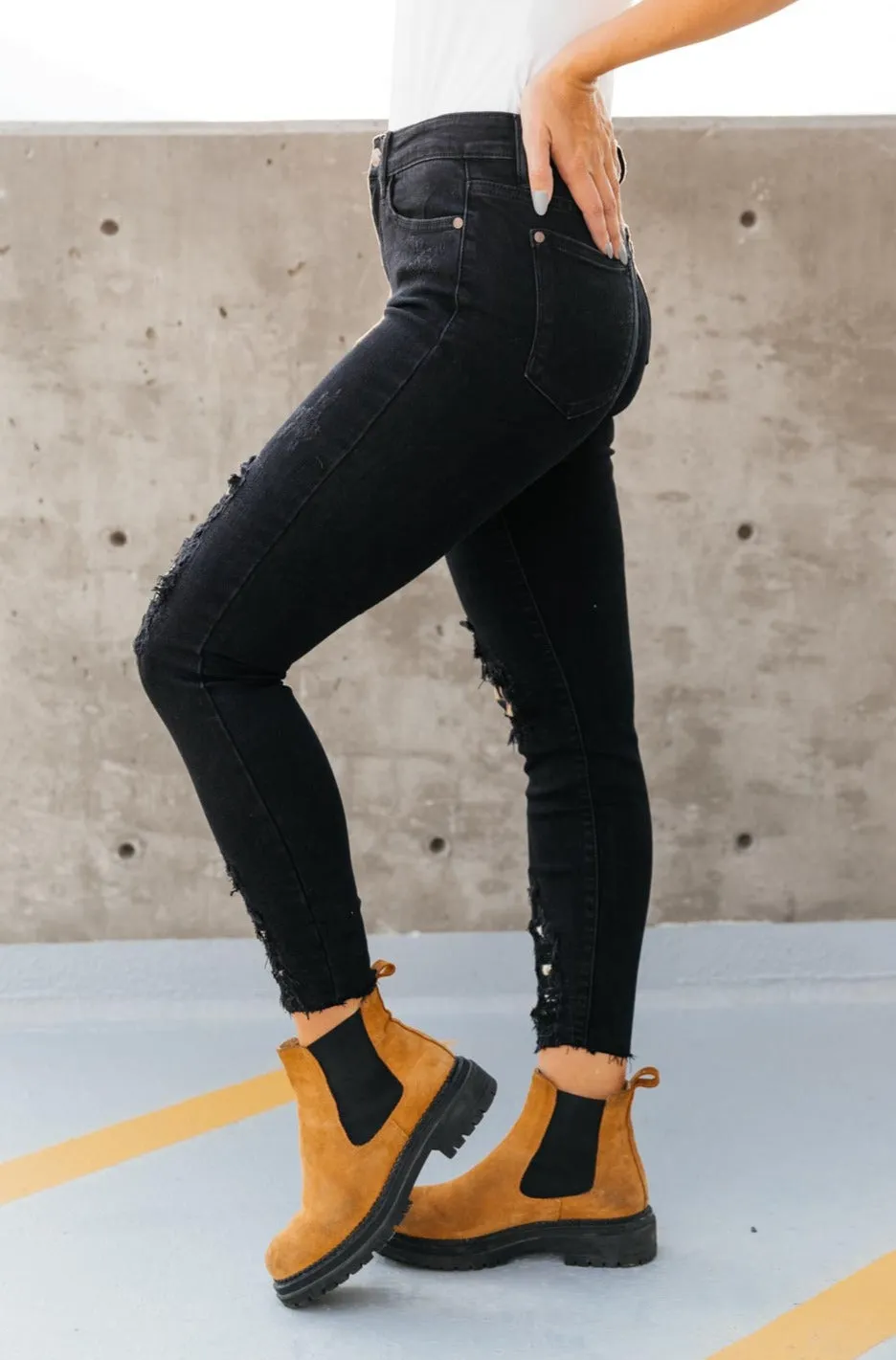 Judy Blue Mid Rise Animal Print Distressed Skinny Jeans