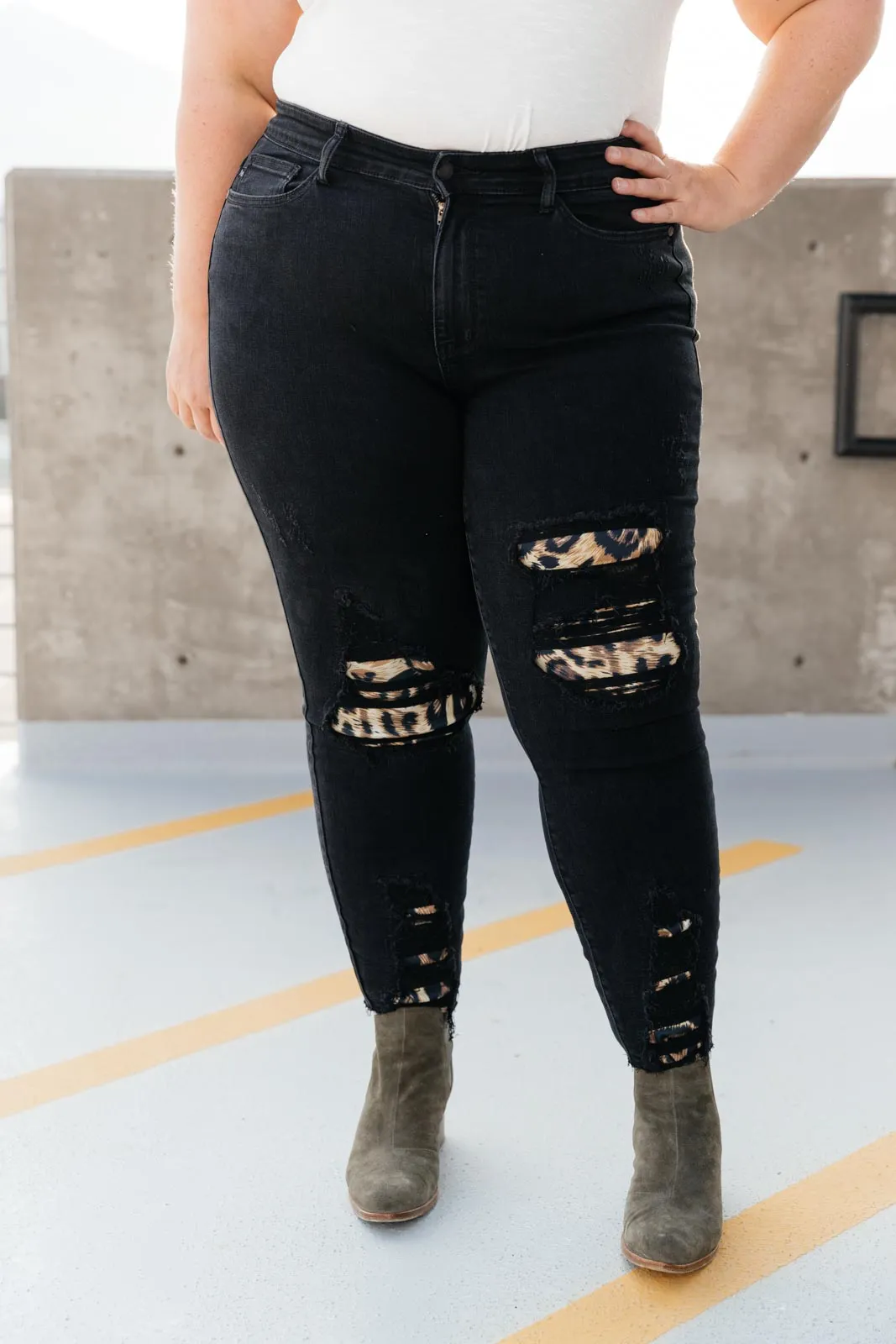 Judy Blue Mid Rise Animal Print Distressed Skinny Jeans