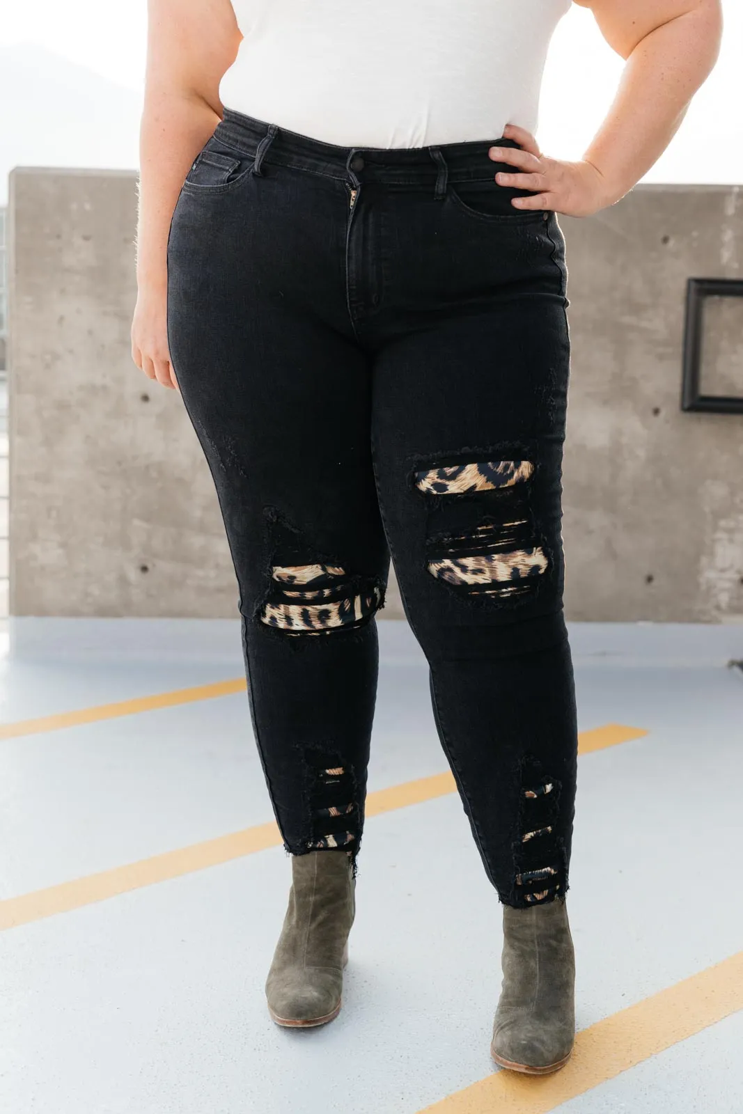 Judy Blue Mid Rise Animal Print Distressed Skinny Jeans