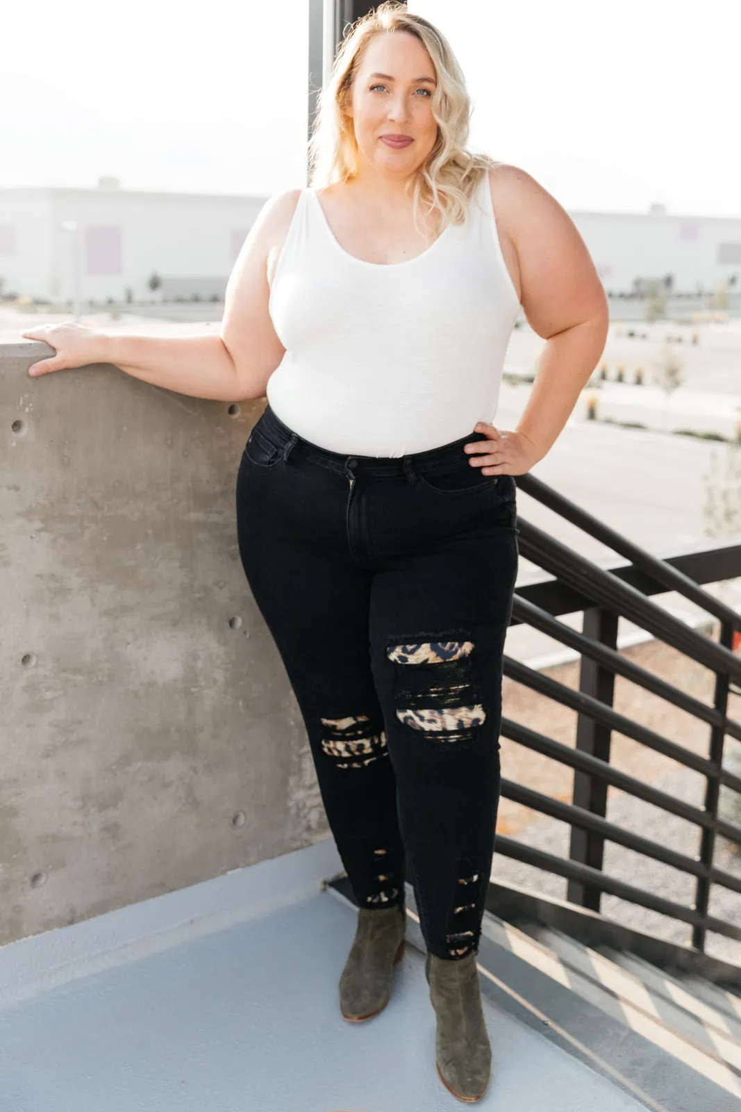 Judy Blue Mid Rise Animal Print Distressed Skinny Jeans