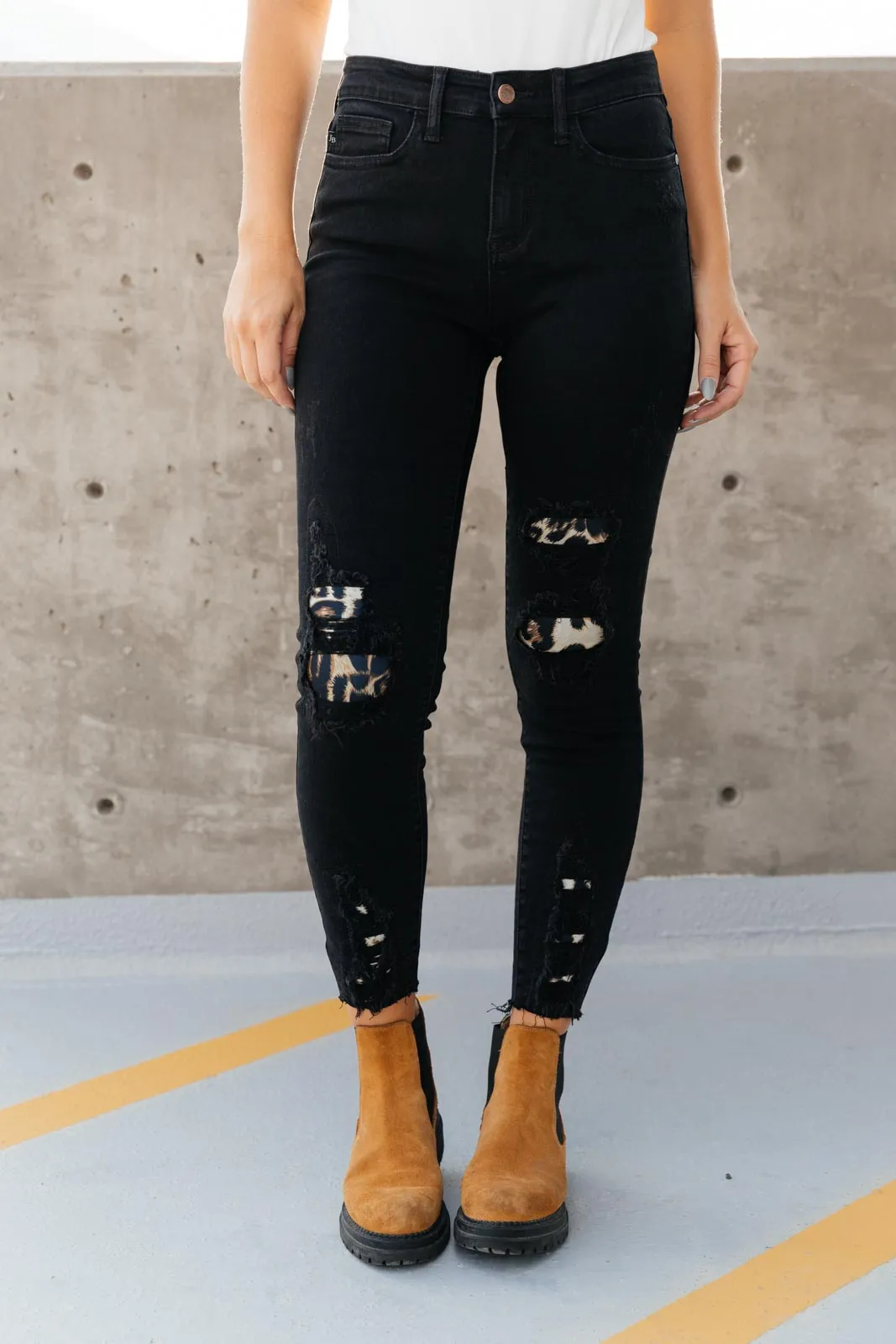 Judy Blue Mid Rise Animal Print Distressed Skinny Jeans